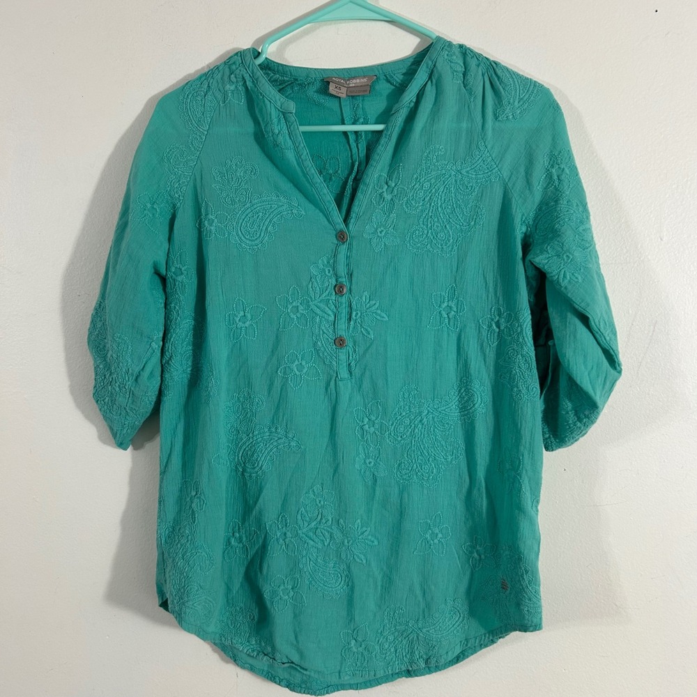 Royal Robbins Blouse Womens XS Turquoise Solid Embroidered Cotton Boho Top